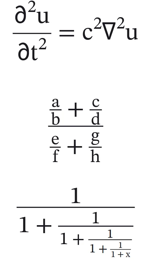 Typeset PDF page showing fractions with real rules, nested fractions and radical signs that grow with their contents