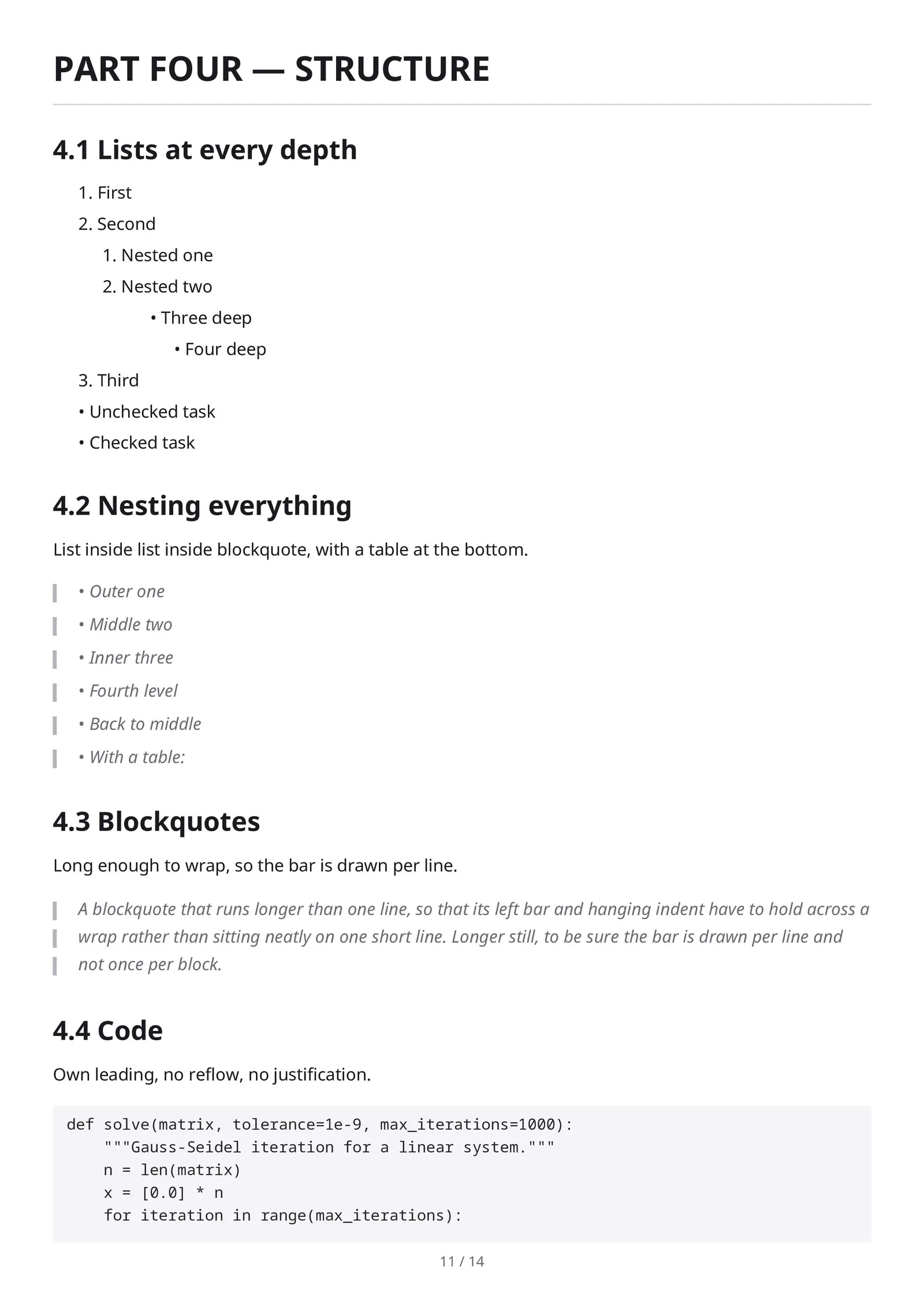 Typeset PDF page showing a list nested four levels deep, a blockquote with a drawn rule, and an indented Python code block